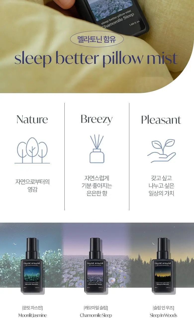 [멜라토닌함유] 라운드어라운드 슬립 베러 필로우 미스트 50ml 3종 상세페이지 5